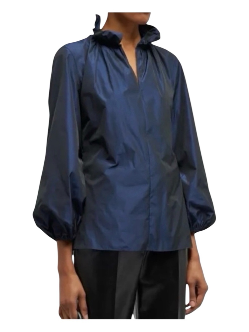 Like New Akris Punto Navy Ruffle-Neck Puff Sleeve Blouse Sz 10